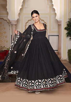 Embroidered Georgette Abaya Style Suit in Black