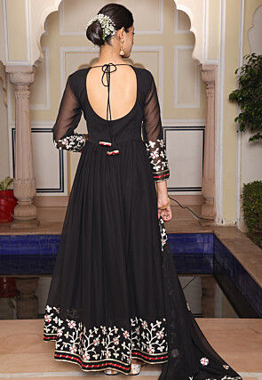 Embroidered Georgette Abaya Style Suit in Black
