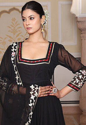 Embroidered Georgette Abaya Style Suit in Black