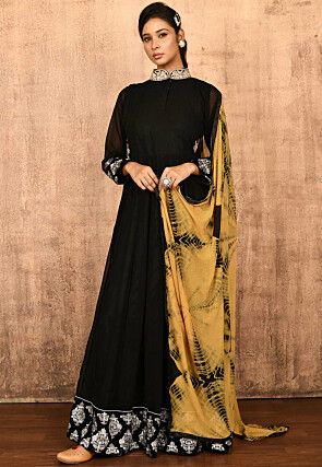 Embroidered Georgette Abaya Style Suit in Black