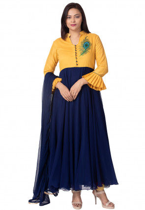 Embroidered Georgette Abaya Style Suit in Blue and Mustard