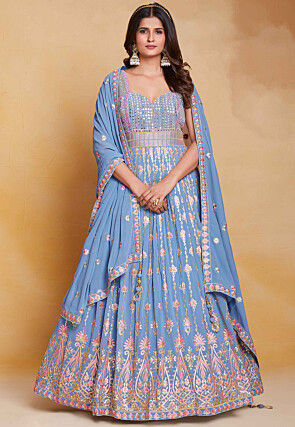 Embroidered Georgette Abaya Style Suit in Blue