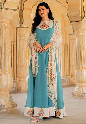 Embroidered Georgette Abaya Style Suit in Blue