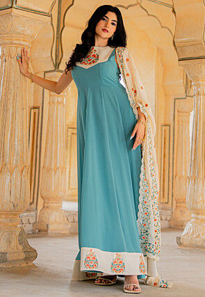 Embroidered Georgette Abaya Style Suit in Blue
