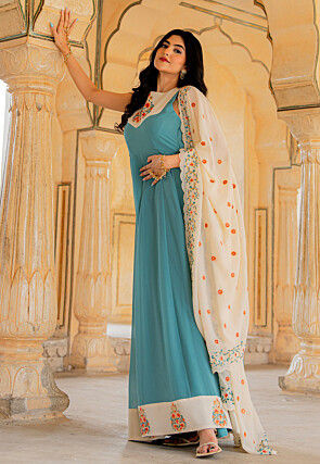 Embroidered Georgette Abaya Style Suit in Blue