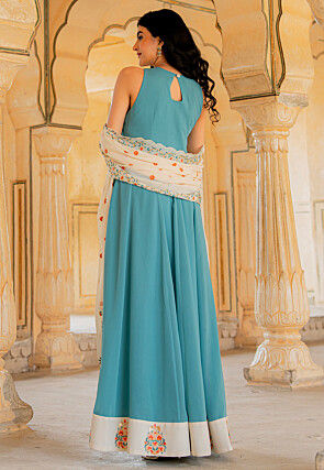 Embroidered Georgette Abaya Style Suit in Blue