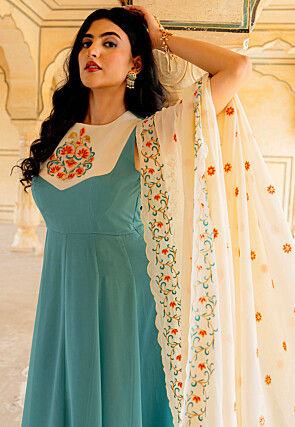 Embroidered Georgette Abaya Style Suit in Blue