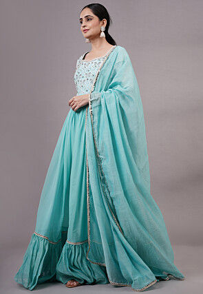 Embroidered Georgette Abaya Style Suit in Blue