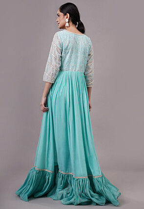 Embroidered Georgette Abaya Style Suit in Blue
