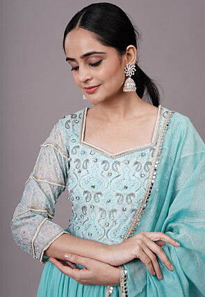 Embroidered Georgette Abaya Style Suit in Blue