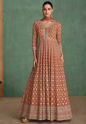 Embroidered Georgette Abaya Style Suit in Brown
