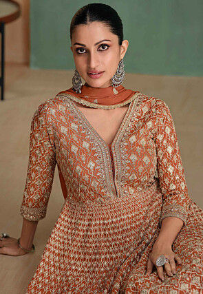 Embroidered Georgette Abaya Style Suit in Brown