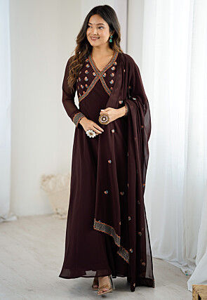 Embroidered Georgette Abaya Style Suit in Brown