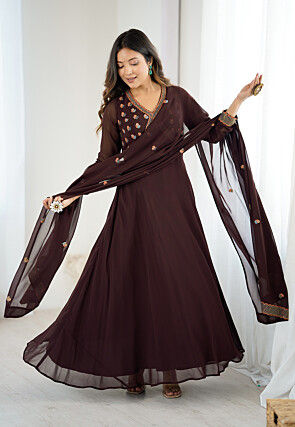 Embroidered Georgette Abaya Style Suit in Brown