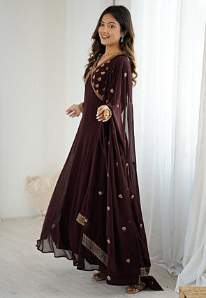 Embroidered Georgette Abaya Style Suit in Brown