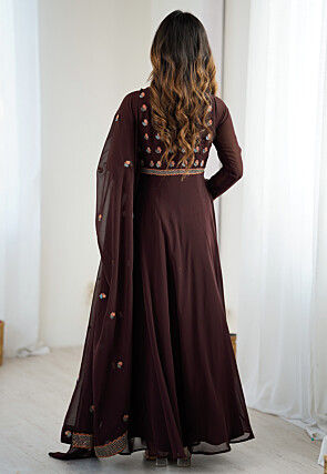 Embroidered Georgette Abaya Style Suit in Brown