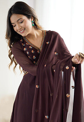 Embroidered Georgette Abaya Style Suit in Brown
