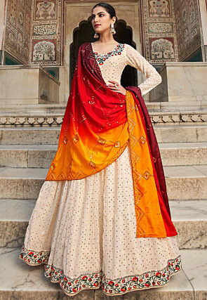 Embroidered Georgette Abaya Style Suit in Cream