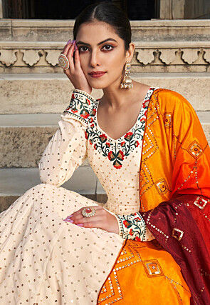 Embroidered Georgette Abaya Style Suit in Cream