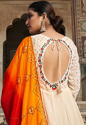 Embroidered Georgette Abaya Style Suit in Cream