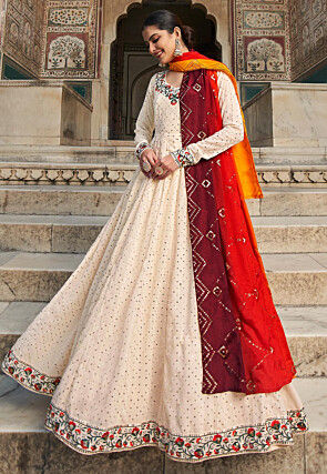 Embroidered Georgette Abaya Style Suit in Cream