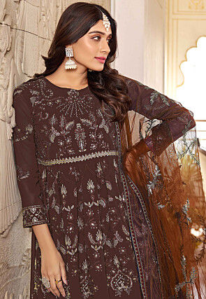 Embroidered Georgette Abaya Style Suit in Dark Brown
