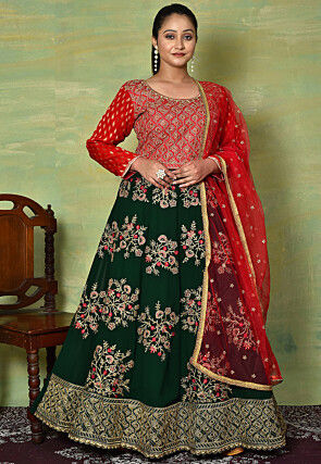 Embroidered Georgette Abaya Style Suit in Dark Green and Red