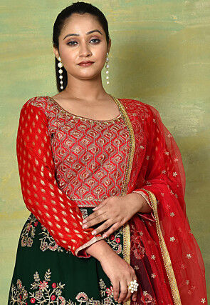 Embroidered Georgette Abaya Style Suit in Dark Green and Red