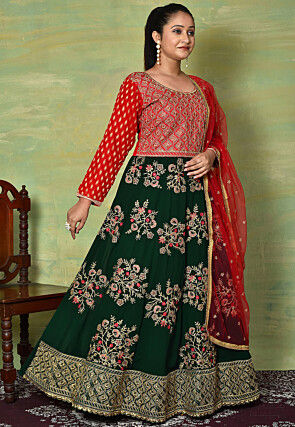 Embroidered Georgette Abaya Style Suit in Dark Green and Red