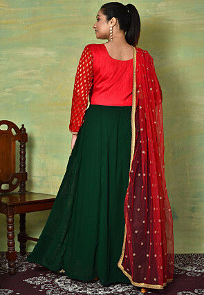 Embroidered Georgette Abaya Style Suit in Dark Green and Red