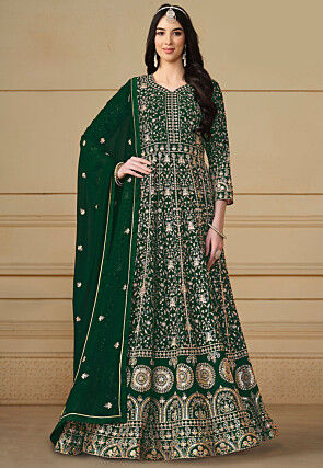Embroidered Georgette Abaya Style Suit in Dark Green