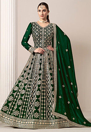 Embroidered Georgette Abaya Style Suit in Dark Green