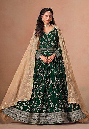 Embroidered Georgette Abaya Style Suit in Dark Green
