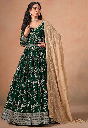 Embroidered Georgette Abaya Style Suit in Dark Green