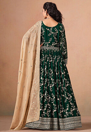 Embroidered Georgette Abaya Style Suit in Dark Green