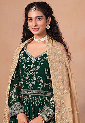 Embroidered Georgette Abaya Style Suit in Dark Green