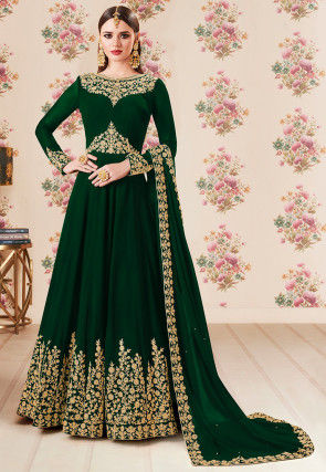 Embroidered Georgette Abaya Style Suit in Dark Green