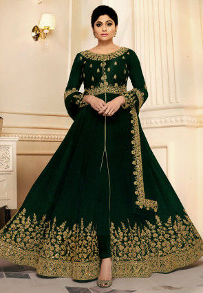Embroidered Georgette Abaya Style Suit in Dark Green