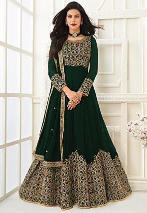 Embroidered Georgette Abaya Style Suit in Dark Green