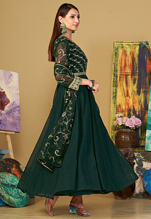 Embroidered Georgette Abaya Style Suit in Dark Green