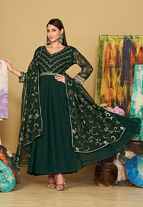 Embroidered Georgette Abaya Style Suit in Dark Green