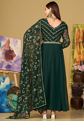 Embroidered Georgette Abaya Style Suit in Dark Green