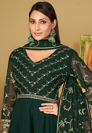 Embroidered Georgette Abaya Style Suit in Dark Green