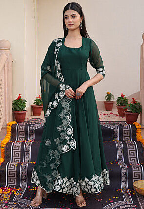 Embroidered Georgette Abaya Style Suit in Dark Green
