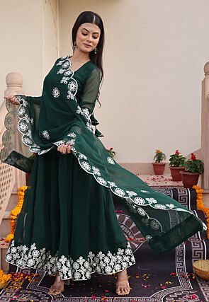 Embroidered Georgette Abaya Style Suit in Dark Green