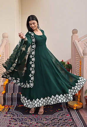 Embroidered Georgette Abaya Style Suit in Dark Green