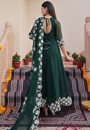 Embroidered Georgette Abaya Style Suit in Dark Green