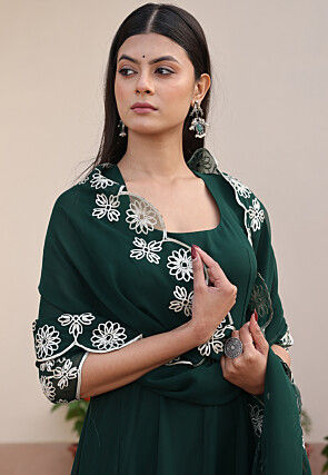 Embroidered Georgette Abaya Style Suit in Dark Green