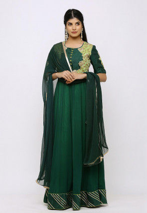 Embroidered Georgette Abaya Style Suit in Dark Green