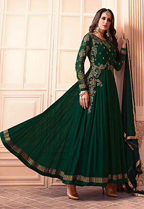 Embroidered Georgette Abaya Style Suit in Dark Green